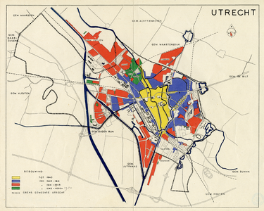 212090 Kaart van de gemeente Utrecht met omgeving; met weergave van de stadsuitbreidingen in de periode 1840-1950; met ...